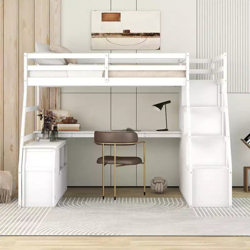 Whisen 94.7L x 56.8W Unique Design Twin Size Loft Bed with 7 Drawers, 2 Shelves and Desk, Comfortable Sleeping Area