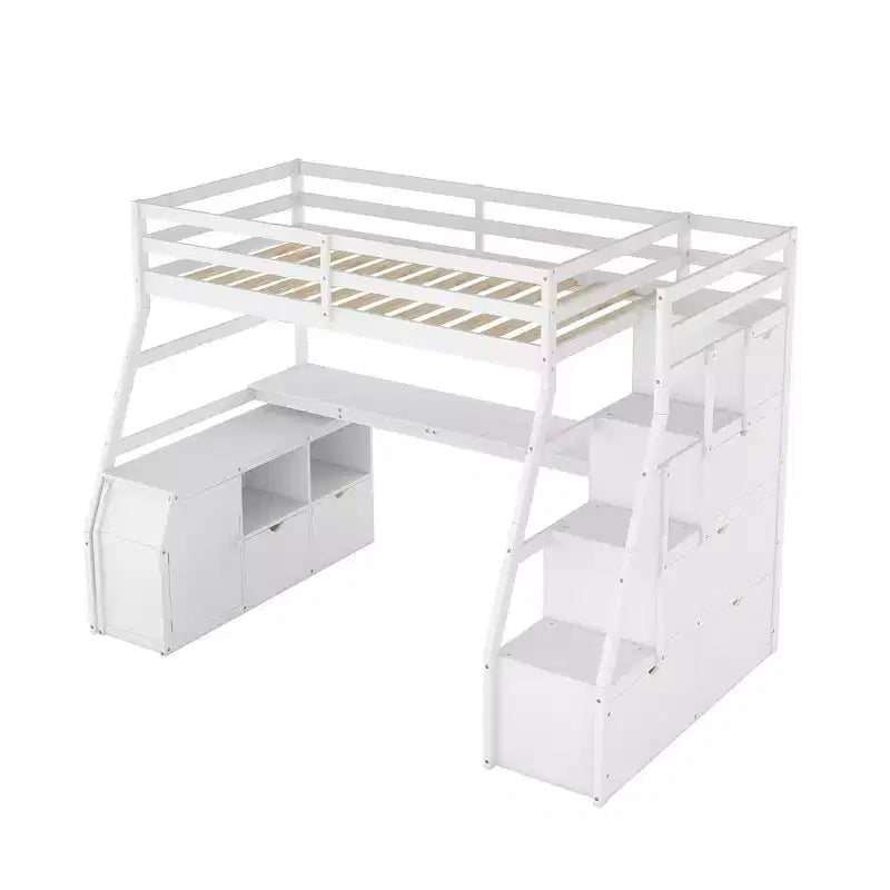 Whisen 94.7L x 56.8W Unique Design Twin Size Loft Bed with 7 Drawers, 2 Shelves and Desk, Comfortable Sleeping Area