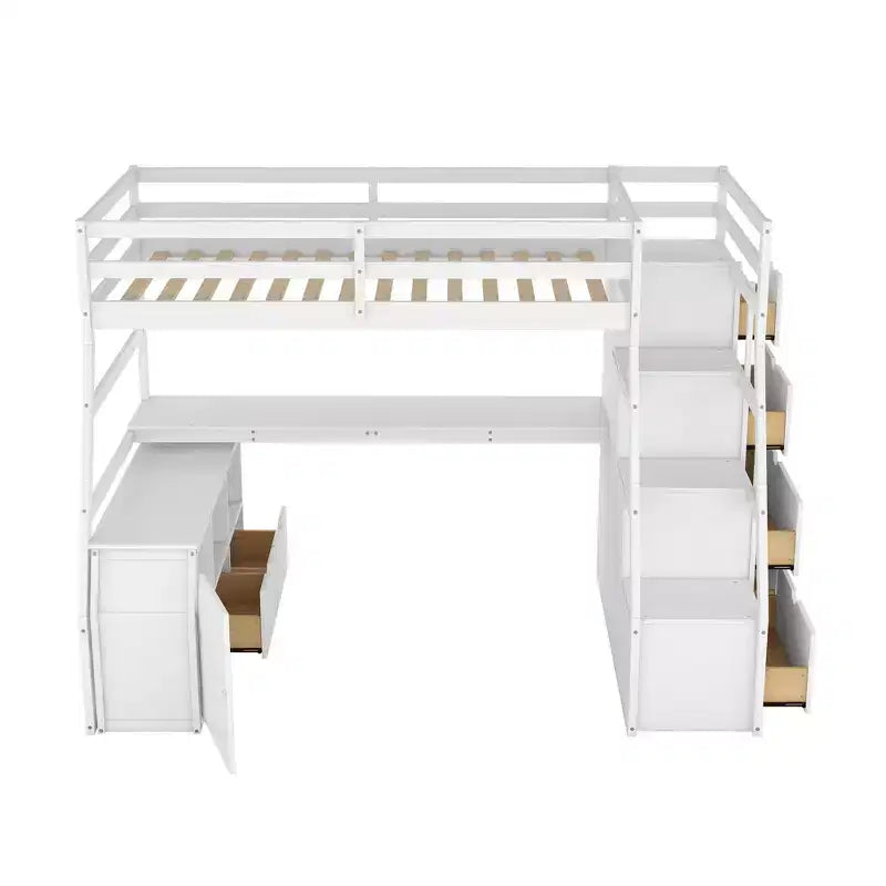 Whisen 94.7L x 56.8W Unique Design Twin Size Loft Bed with 7 Drawers, 2 Shelves and Desk, Comfortable Sleeping Area