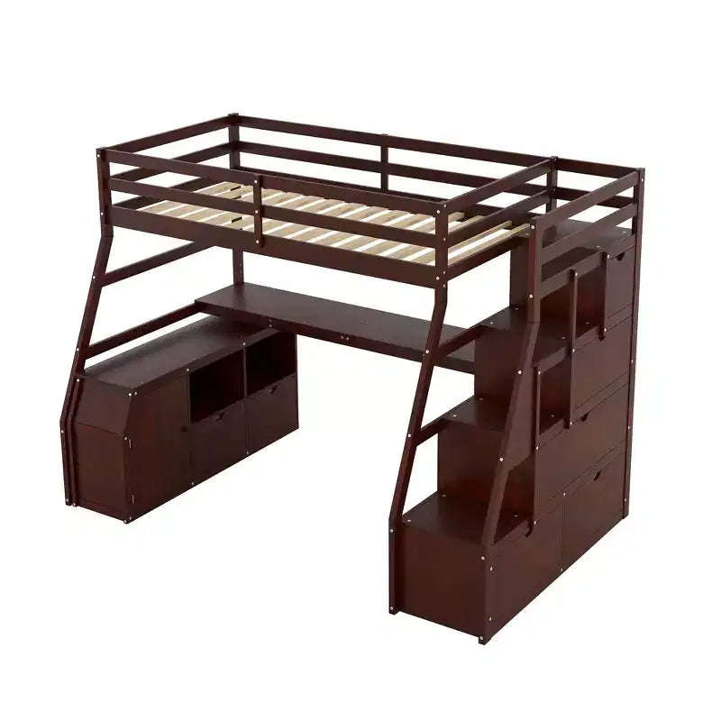 Whisen 94.7L x 56.8W Unique Design Twin Size Loft Bed with 7 Drawers, 2 Shelves and Desk, Comfortable Sleeping Area