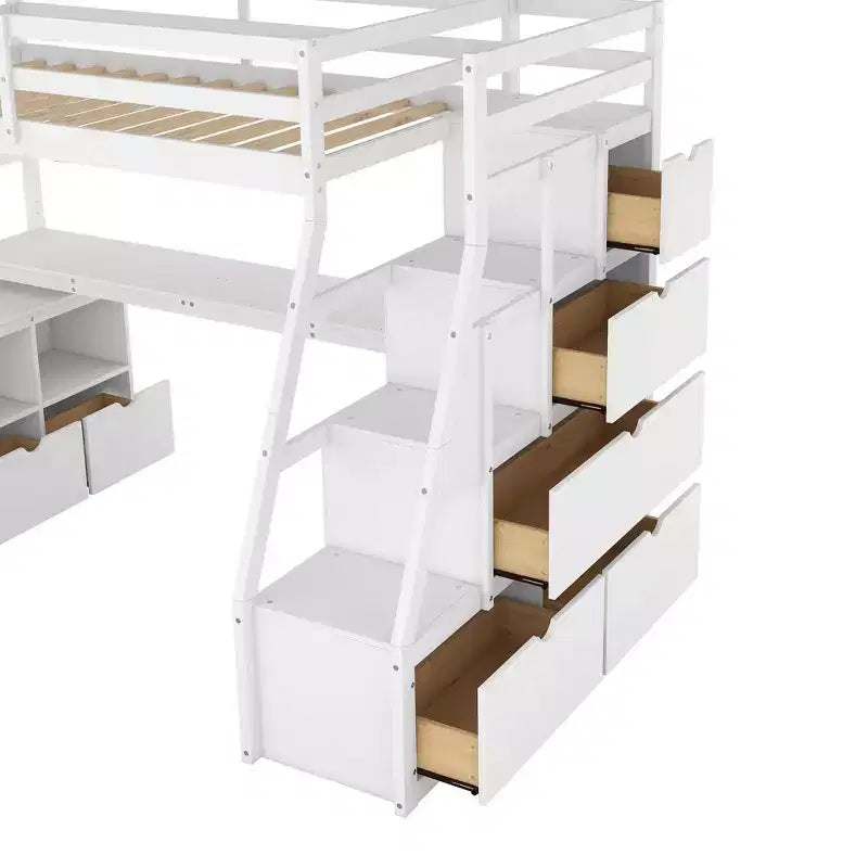 Whisen 94.7L x 56.8W Unique Design Twin Size Loft Bed with 7 Drawers, 2 Shelves and Desk, Comfortable Sleeping Area