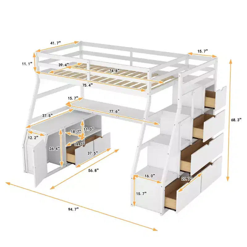 Whisen 94.7L x 56.8W Unique Design Twin Size Loft Bed with 7 Drawers, 2 Shelves and Desk, Comfortable Sleeping Area