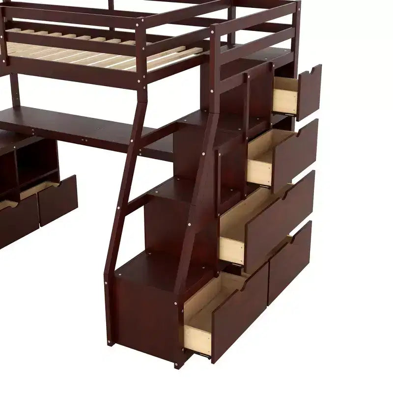 Whisen 94.7L x 56.8W Unique Design Twin Size Loft Bed with 7 Drawers, 2 Shelves and Desk, Comfortable Sleeping Area