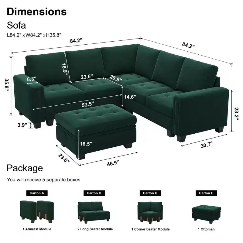 Belffin Modular Velvet Tufted L Shaped Couch with Storage Ottoman Sectional Couch with Reversible Chaises Corner Sofa
