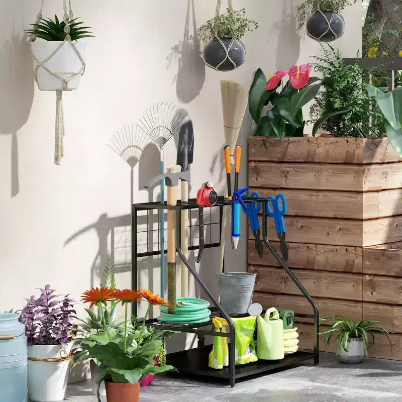 Outsunny Garden Tool Organizer for Garage, 3 Tier Yard Tool Storage Rack with Hooks