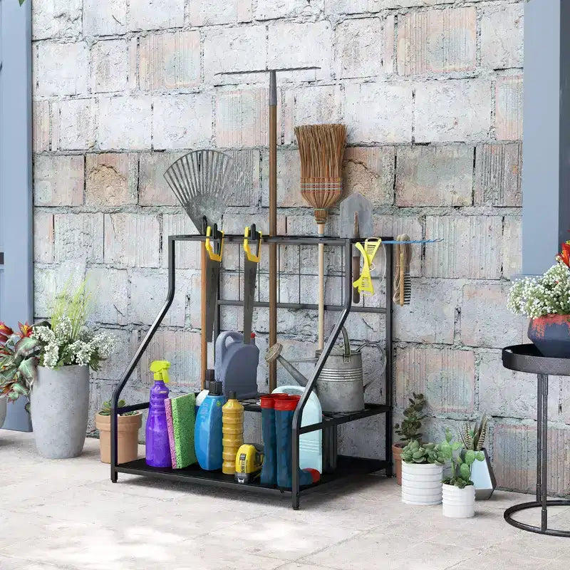 Outsunny Garden Tool Organizer for Garage, 3 Tier Yard Tool Storage Rack with Hooks