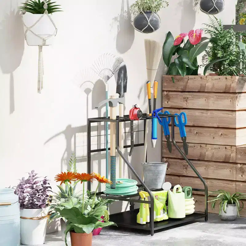 Outsunny Garden Tool Organizer for Garage, 3 Tier Yard Tool Storage Rack with Hooks