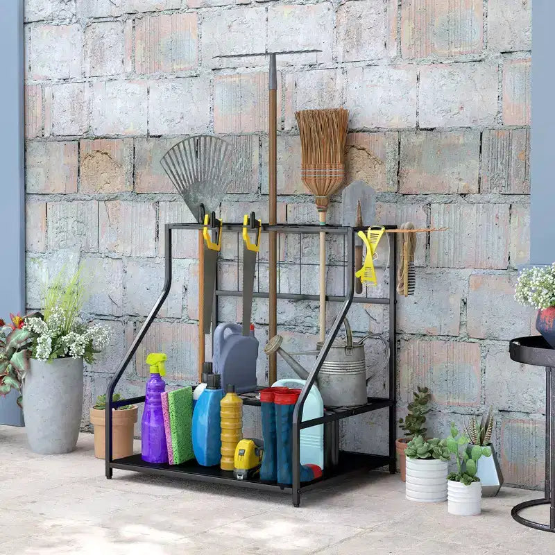 Outsunny Garden Tool Organizer for Garage, 3 Tier Yard Tool Storage Rack with Hooks