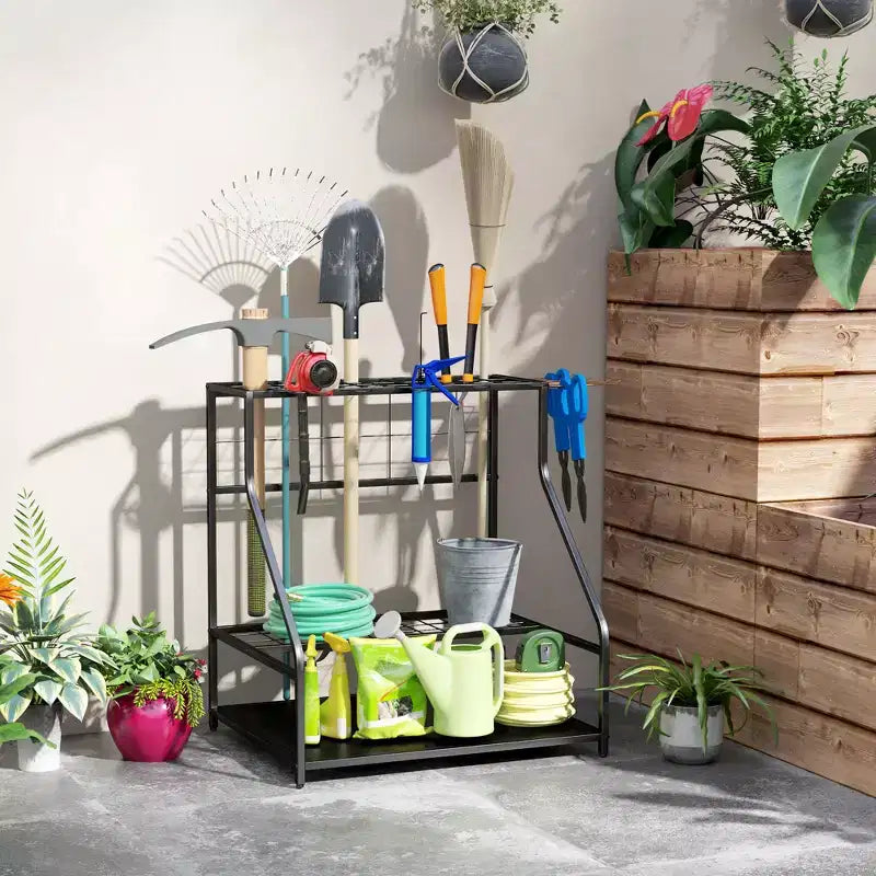Outsunny Garden Tool Organizer for Garage, 3 Tier Yard Tool Storage Rack with Hooks