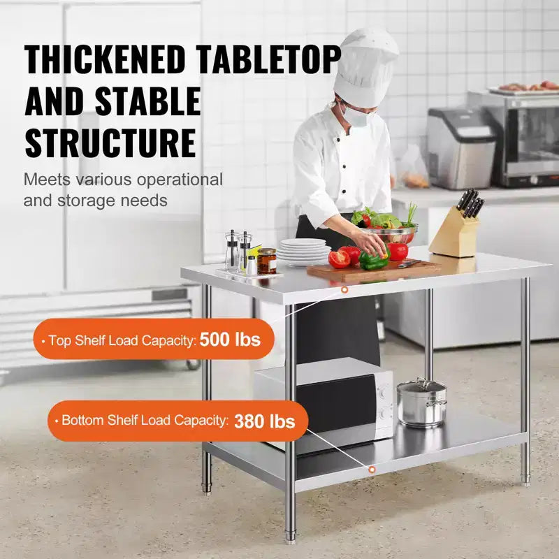 Table de préparation en acier inoxydable VEVOR, 76 x 122 x 86 cm, capacité de charge de 400 kg, plan de travail métallique robuste avec 3 niveaux de hauteur réglables