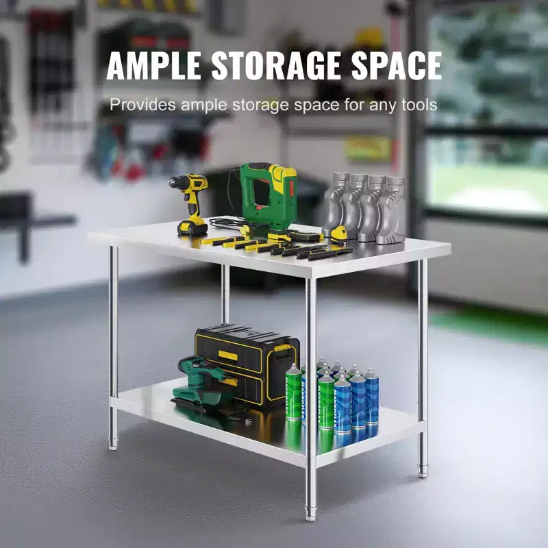Table de préparation en acier inoxydable VEVOR, 76 x 122 x 86 cm, capacité de charge de 400 kg, plan de travail métallique robuste avec 3 niveaux de hauteur réglables
