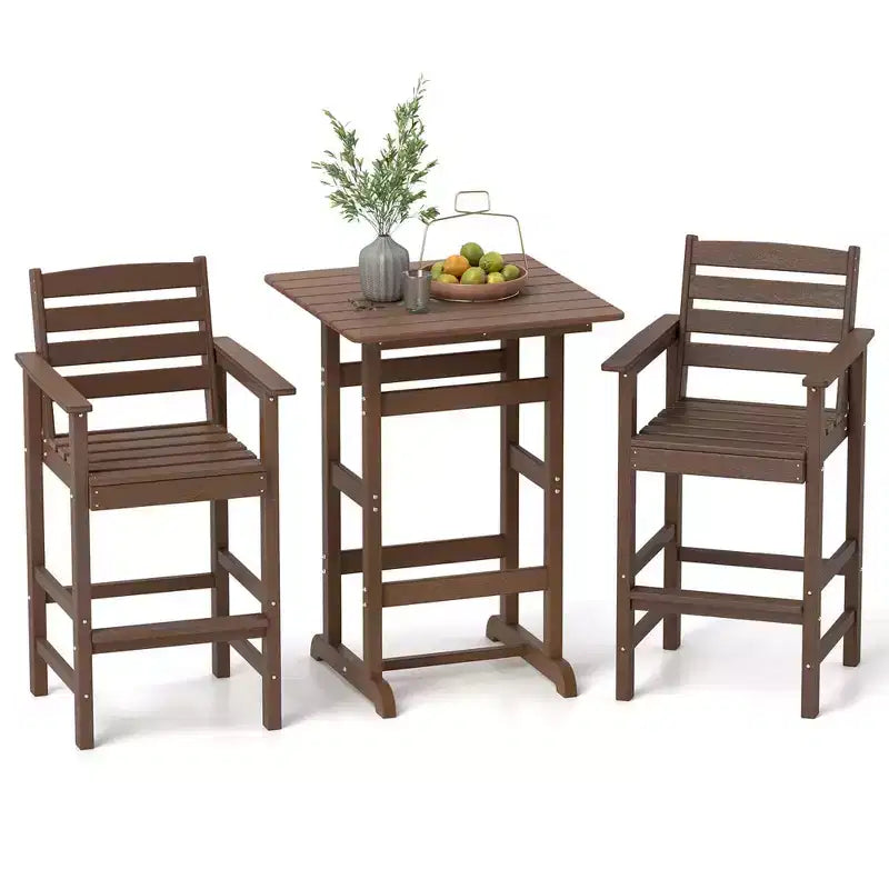 Costway 3-Piece Patio HDPE Bar Set Armchairs with Square High-Top Table Footrest & Backrest Navy/Gray/Brown/Black