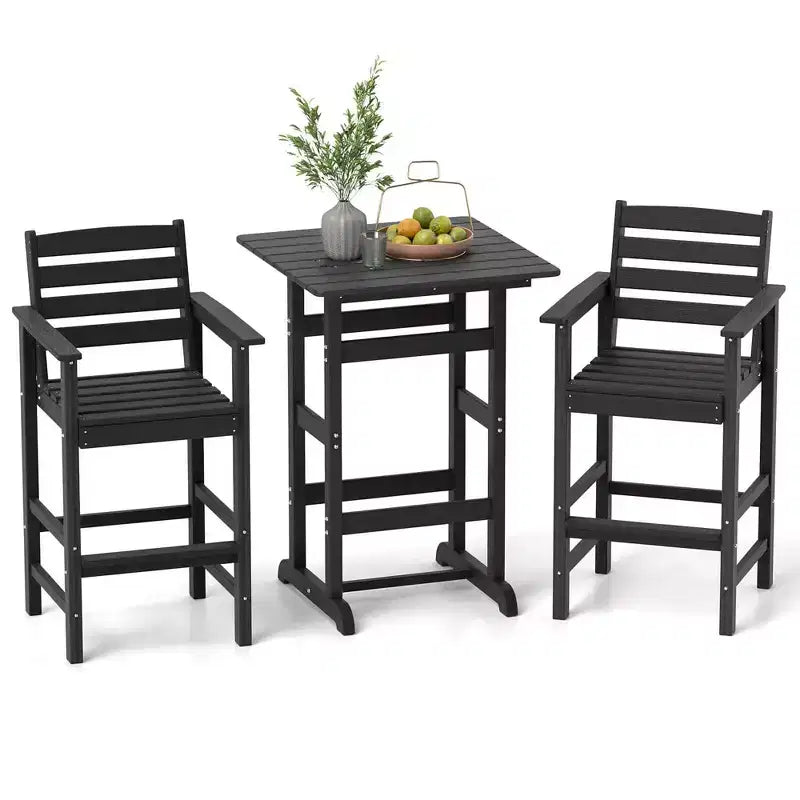 Costway 3-Piece Patio HDPE Bar Set Armchairs with Square High-Top Table Footrest & Backrest Navy/Gray/Brown/Black