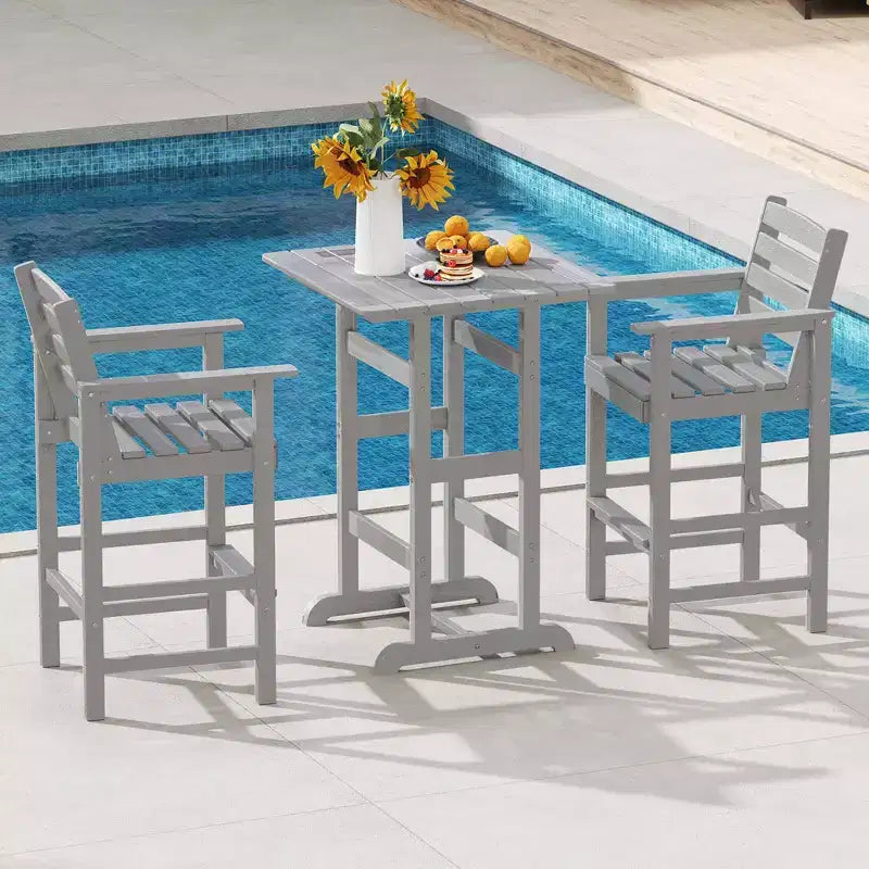 Costway 3-Piece Patio HDPE Bar Set Armchairs with Square High-Top Table Footrest & Backrest Navy/Gray/Brown/Black