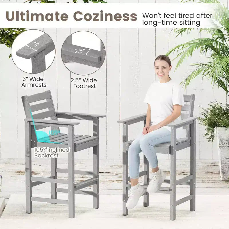 Costway 3-Piece Patio HDPE Bar Set Armchairs with Square High-Top Table Footrest & Backrest Navy/Gray/Brown/Black