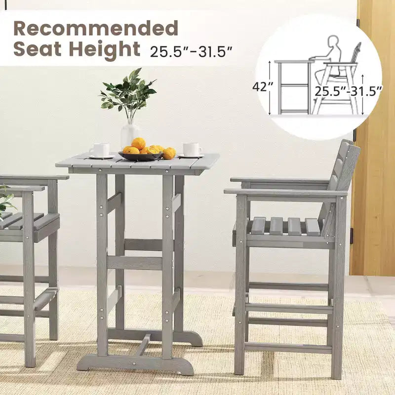 Costway 3-Piece Patio HDPE Bar Set Armchairs with Square High-Top Table Footrest & Backrest Navy/Gray/Brown/Black