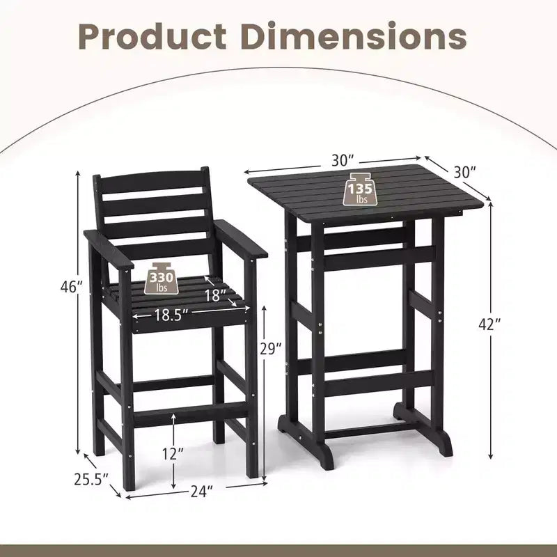 Costway 3-Piece Patio HDPE Bar Set Armchairs with Square High-Top Table Footrest & Backrest Navy/Gray/Brown/Black