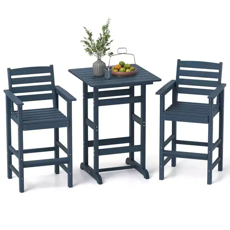 Costway 3-Piece Patio HDPE Bar Set Armchairs with Square High-Top Table Footrest & Backrest Navy/Gray/Brown/Black