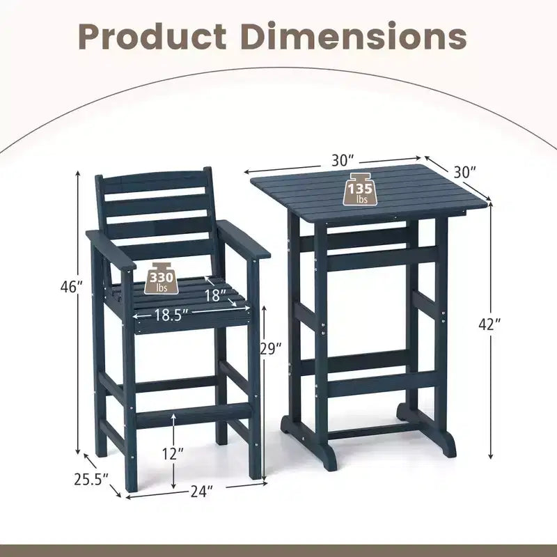 Costway 3-Piece Patio HDPE Bar Set Armchairs with Square High-Top Table Footrest & Backrest Navy/Gray/Brown/Black