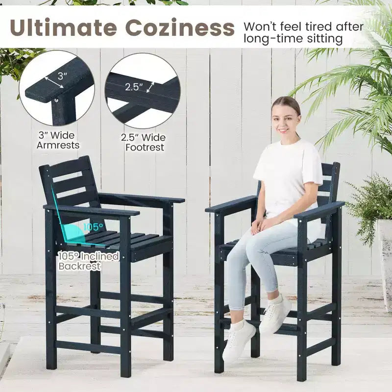 Costway 3-Piece Patio HDPE Bar Set Armchairs with Square High-Top Table Footrest & Backrest Navy/Gray/Brown/Black