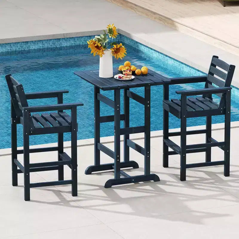 Costway 3-Piece Patio HDPE Bar Set Armchairs with Square High-Top Table Footrest & Backrest Navy/Gray/Brown/Black