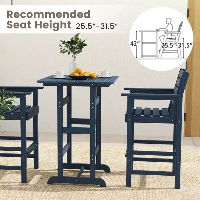 Costway 3-Piece Patio HDPE Bar Set Armchairs with Square High-Top Table Footrest & Backrest Navy/Gray/Brown/Black