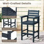 Costway 3-Piece Patio HDPE Bar Set Armchairs with Square High-Top Table Footrest & Backrest Navy/Gray/Brown/Black