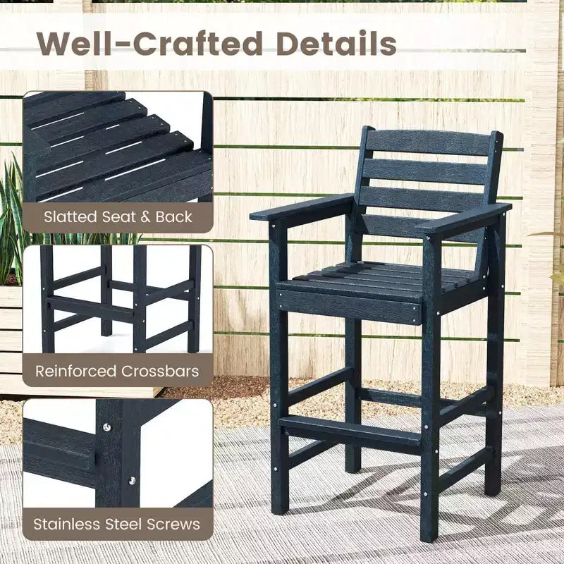 Costway 3-Piece Patio HDPE Bar Set Armchairs with Square High-Top Table Footrest & Backrest Navy/Gray/Brown/Black