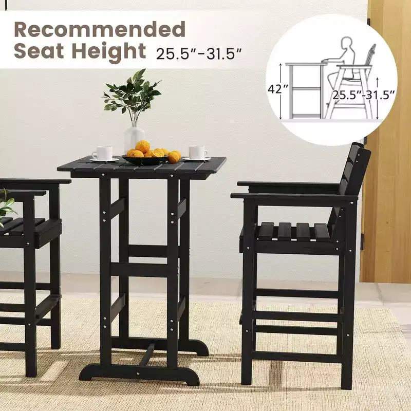 Costway 3-Piece Patio HDPE Bar Set Armchairs with Square High-Top Table Footrest & Backrest Navy/Gray/Brown/Black