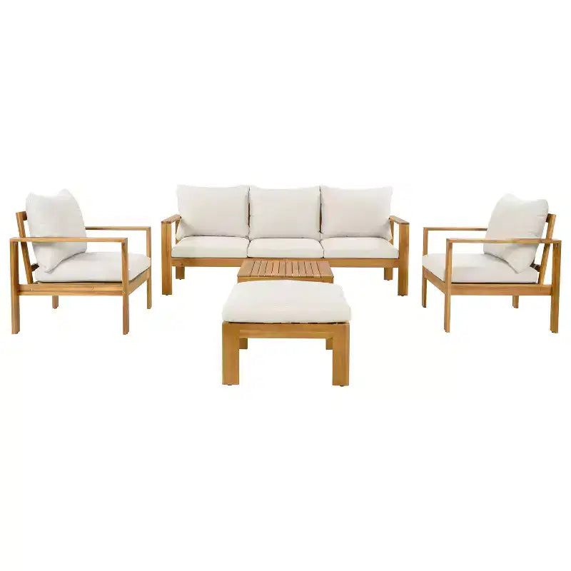 Christopher Knight Home Norman 5 Pieces Outdoor Slat Design Acacia Wood Upholstered Seating Set