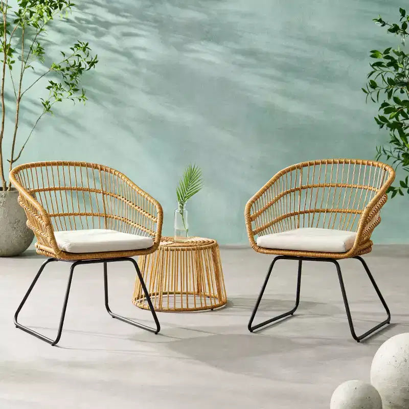 Christopher Knight Home Lemere Ensemble de conversation 3 pièces en osier et fer avec coussins, brun clair/beige