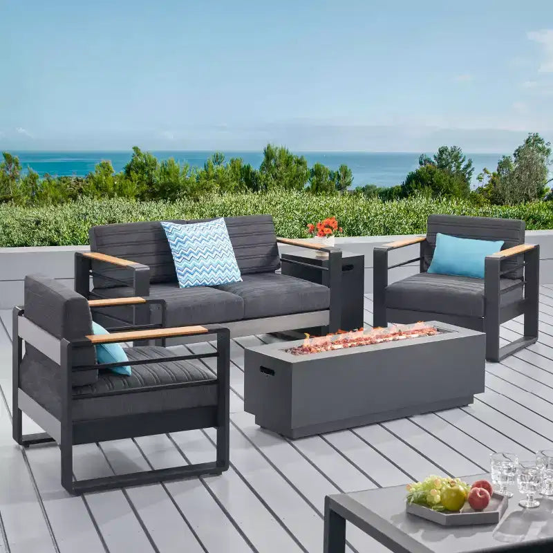 Christopher Knight Home Ostrander - Salon de discussion d'extérieur 4 places en aluminium avec table brasero, noir/gris foncé