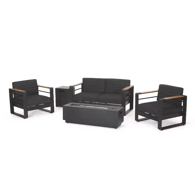 Christopher Knight Home Ostrander - Salon de discussion d'extérieur 4 places en aluminium avec table brasero, noir/gris foncé