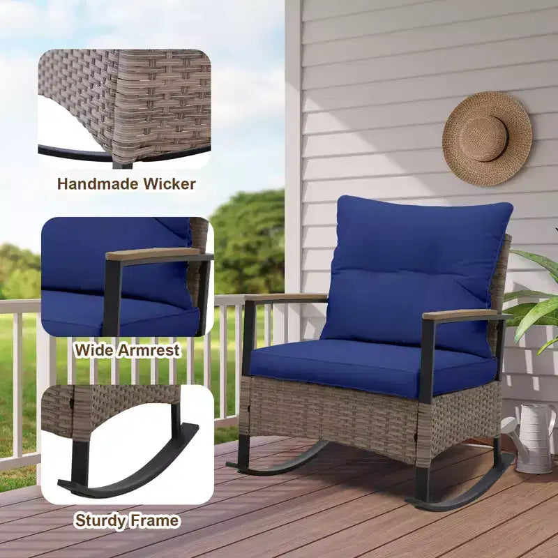 EAGLE PEAK Ensemble de conversation 3 pièces en rotin pour patio, comprenant un fauteuil à bascule et un canapé rembourré, mobilier de jardin