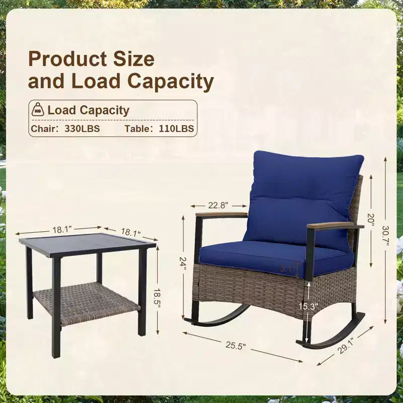 EAGLE PEAK Ensemble de conversation 3 pièces en rotin pour patio, comprenant un fauteuil à bascule et un canapé rembourré, mobilier de jardin
