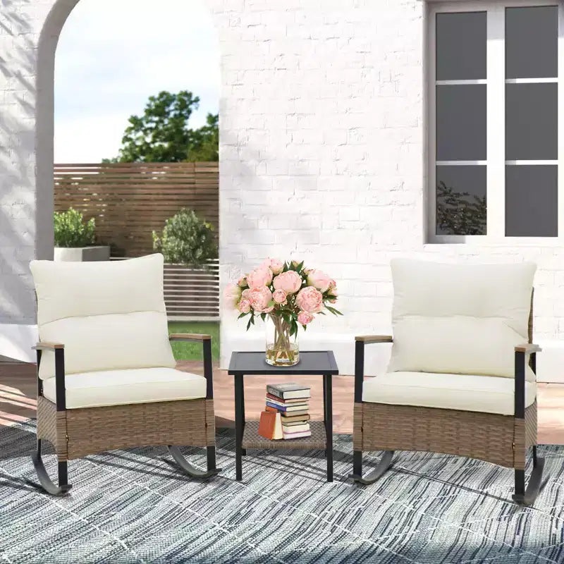 EAGLE PEAK Ensemble de conversation 3 pièces en rotin pour patio, comprenant un fauteuil à bascule et un canapé rembourré, mobilier de jardin