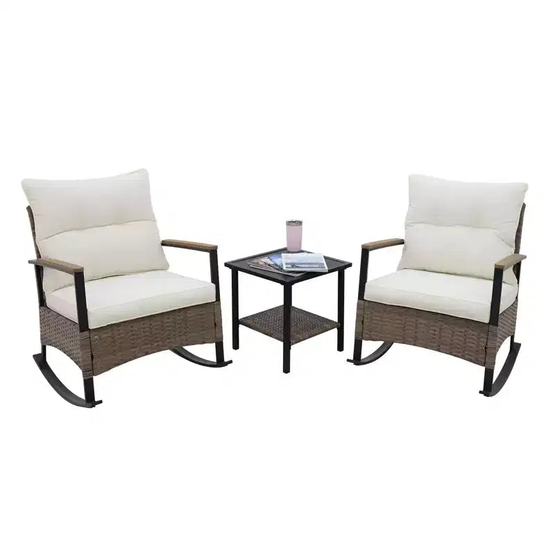 EAGLE PEAK Ensemble de conversation 3 pièces en rotin pour patio, comprenant un fauteuil à bascule et un canapé rembourré, mobilier de jardin