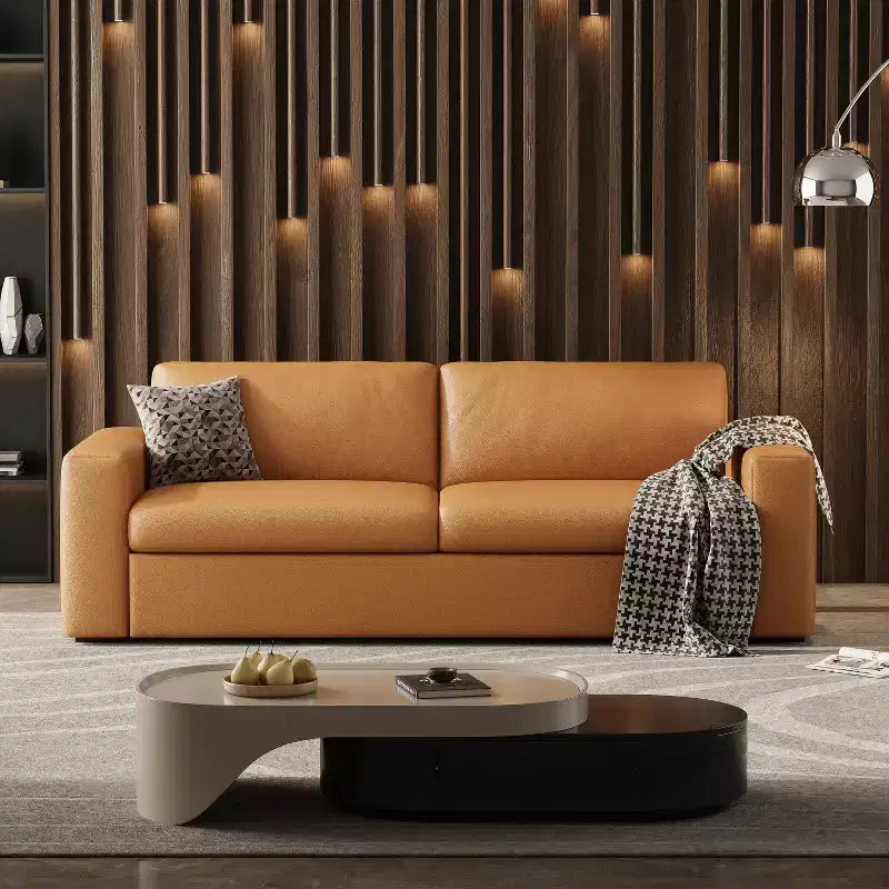 ATJafurn Canapé d'angle en cuir orange de 210 cm, causeuse capitonnée de style moderne du milieu du siècle avec accoudoirs carrés pour salon et petits espaces