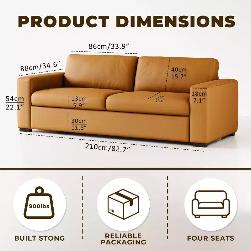 ATJafurn Canapé d'angle en cuir orange de 210 cm, causeuse capitonnée de style moderne du milieu du siècle avec accoudoirs carrés pour salon et petits espaces