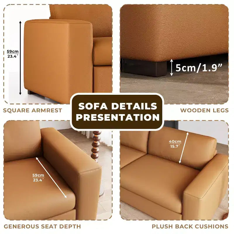 ATJafurn Canapé d'angle en cuir orange de 210 cm, causeuse capitonnée de style moderne du milieu du siècle avec accoudoirs carrés pour salon et petits espaces