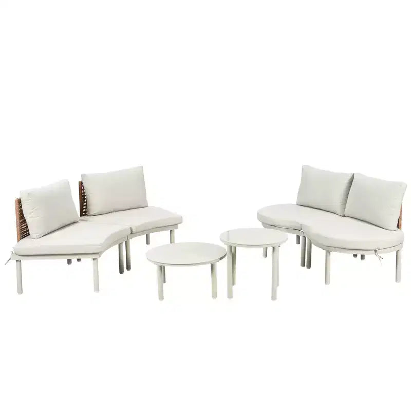 Ensemble de canapé de patio 6 ou 8 pièces, demi-lune, pour l'extérieur, avec 2 tables basses, oreillers, coussins, rotin PE, beige/gris-ModernLuxe