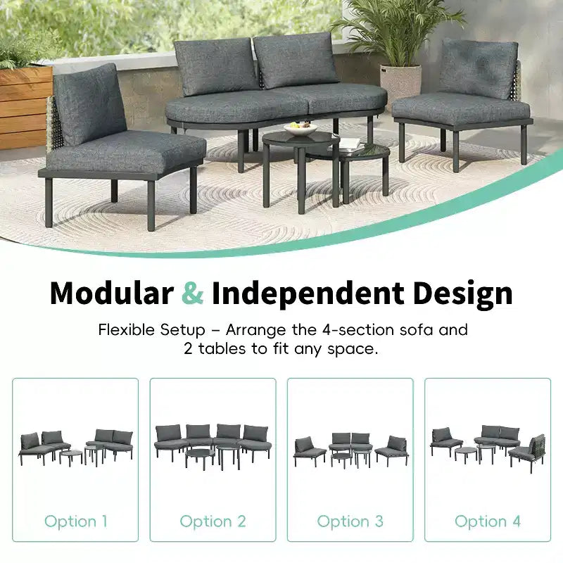 Ensemble de canapé de patio 6 ou 8 pièces, demi-lune, pour l'extérieur, avec 2 tables basses, oreillers, coussins, rotin PE, beige/gris-ModernLuxe