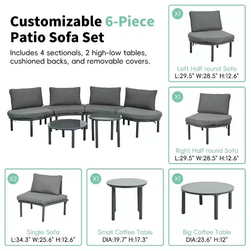 Ensemble de canapé de patio 6 ou 8 pièces, demi-lune, pour l'extérieur, avec 2 tables basses, oreillers, coussins, rotin PE, beige/gris-ModernLuxe