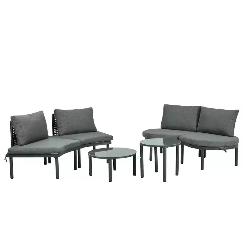 Ensemble de canapé de patio 6 ou 8 pièces, demi-lune, pour l'extérieur, avec 2 tables basses, oreillers, coussins, rotin PE, beige/gris-ModernLuxe