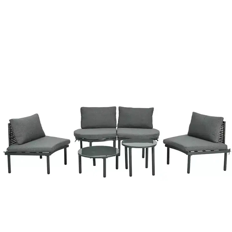 Ensemble de canapé de patio 6 ou 8 pièces, demi-lune, pour l'extérieur, avec 2 tables basses, oreillers, coussins, rotin PE, beige/gris-ModernLuxe