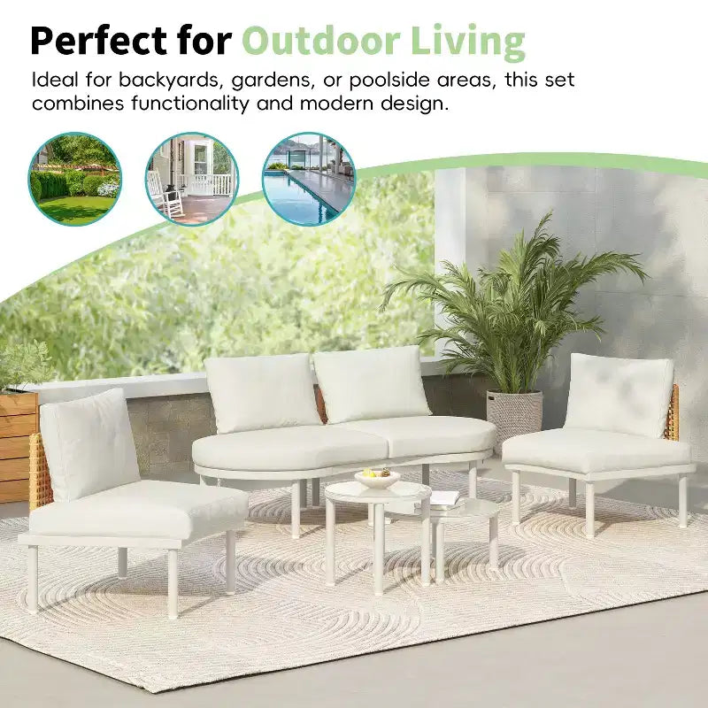 Ensemble de canapé de patio 6 ou 8 pièces, demi-lune, pour l'extérieur, avec 2 tables basses, oreillers, coussins, rotin PE, beige/gris-ModernLuxe