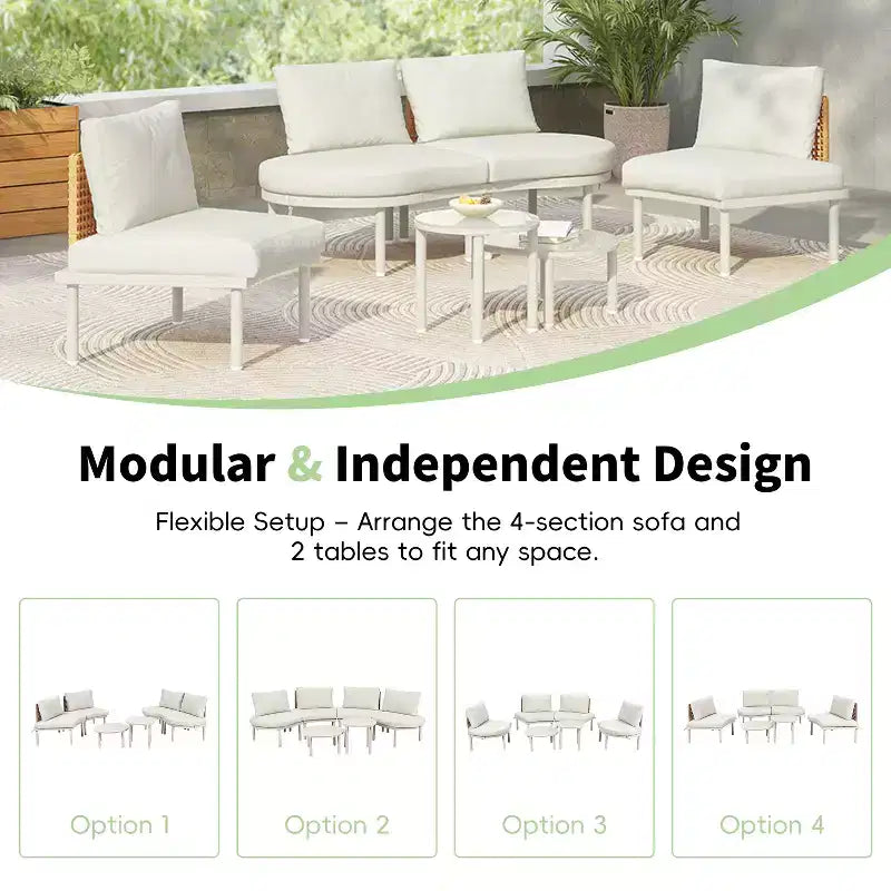 Ensemble de canapé de patio 6 ou 8 pièces, demi-lune, pour l'extérieur, avec 2 tables basses, oreillers, coussins, rotin PE, beige/gris-ModernLuxe