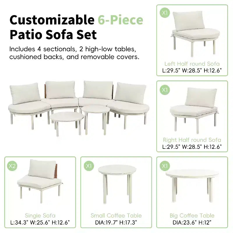 Ensemble de canapé de patio 6 ou 8 pièces, demi-lune, pour l'extérieur, avec 2 tables basses, oreillers, coussins, rotin PE, beige/gris-ModernLuxe