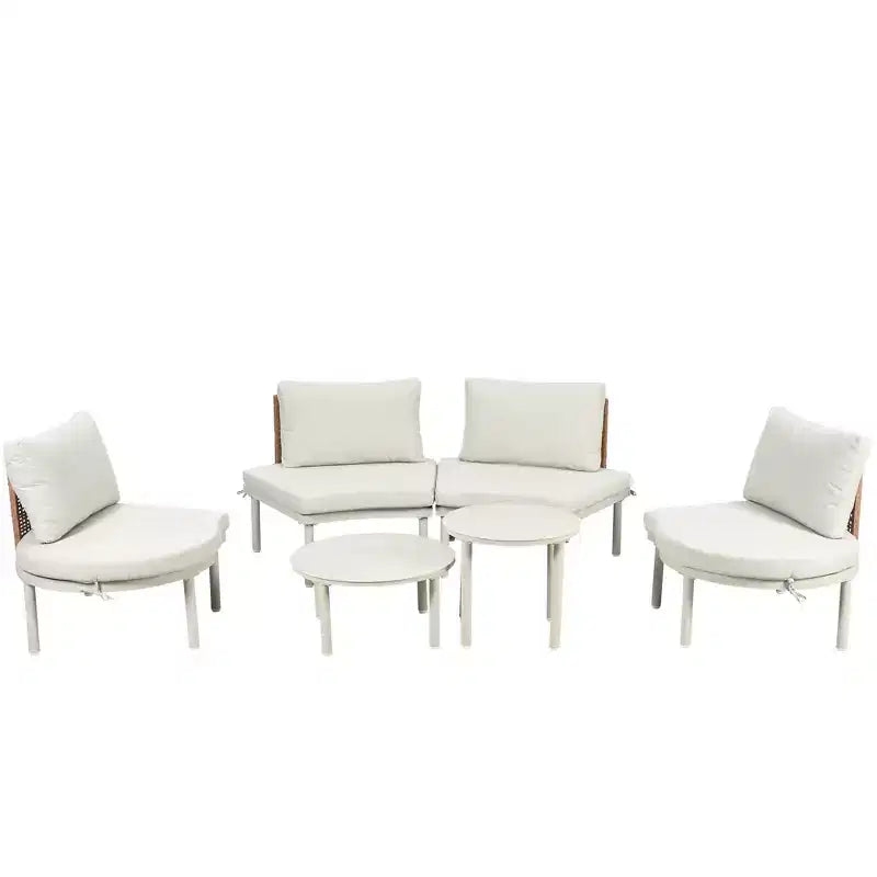Ensemble de canapé de patio 6 ou 8 pièces, demi-lune, pour l'extérieur, avec 2 tables basses, oreillers, coussins, rotin PE, beige/gris-ModernLuxe