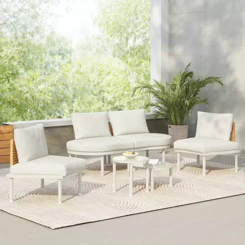 6/8-Piece Patio Set Outdoor Sofa Set Half Moon Outdoor Sectional Sofa with 2 Coffee Tables, Pillows, Cushions, PE Wicker Rattan, Beige/Gray-ModernLuxe